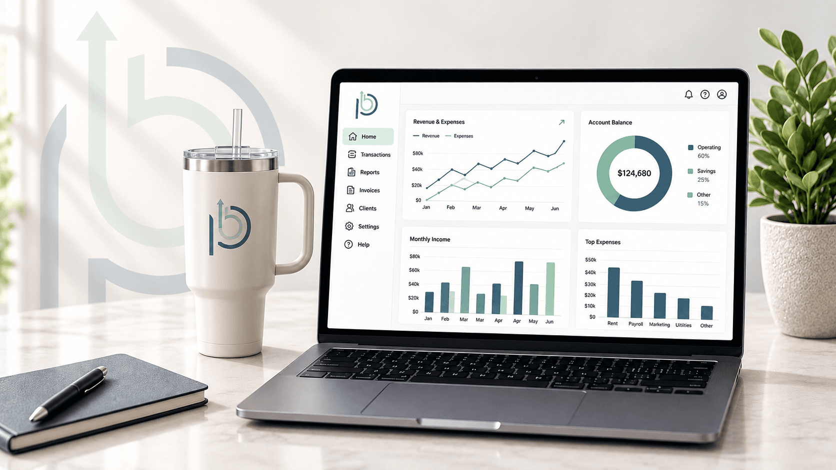 Laptop displaying a bookkeeping financial dashboard on a tidy office desk